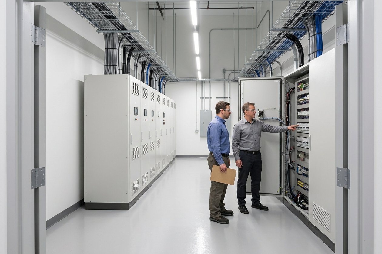 Two people inspect an open switchgear cabinet in a brightly lit electrical room.