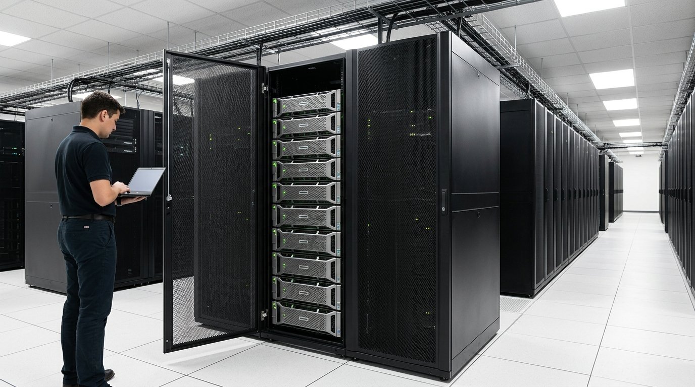 A person holding a laptop stands beside an open server cabinet next to a matching closed one in a data hall.