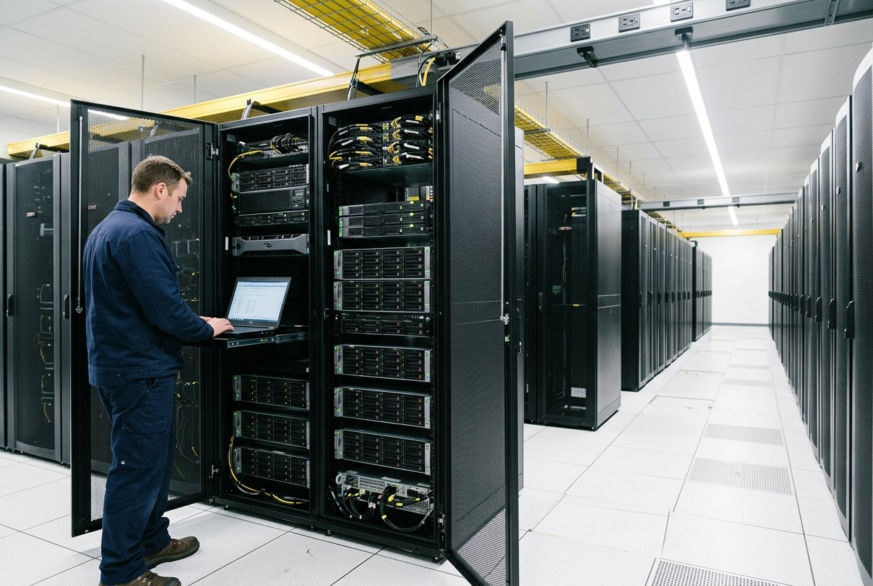 A technician uses a laptop on a rack shelf to check a server at an open cabinet in a data hall.